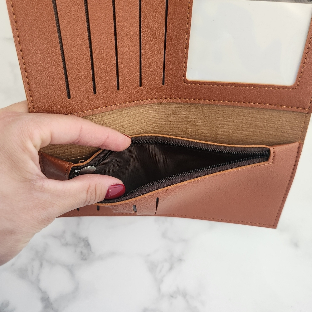 Brown Pu Leather Clutch Wallet With Gold V Accent - Picture 9 of 13